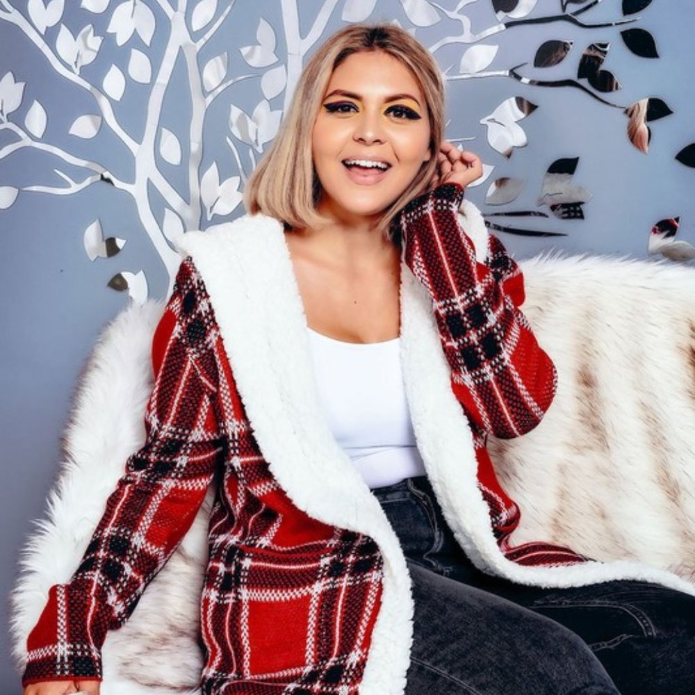 PLUS SIZE KNIT FUR LINED PLAID HOODIE COAT JACKET